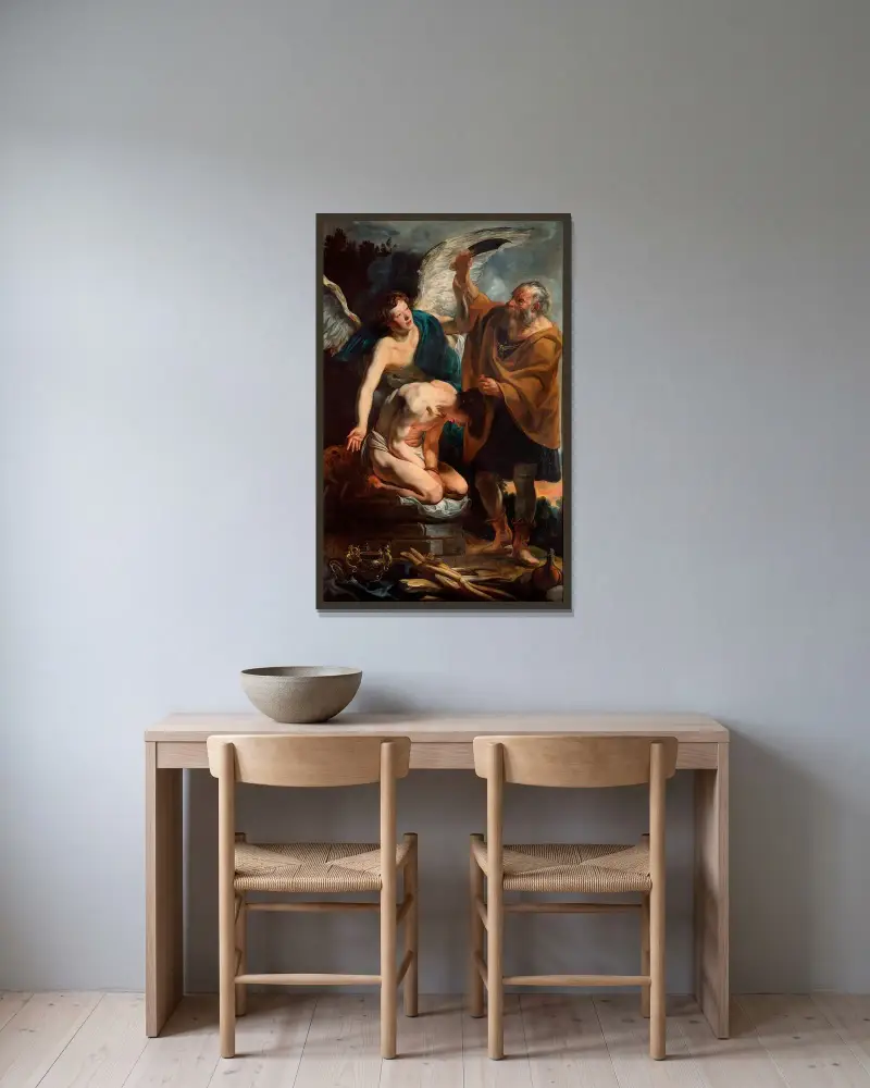 Die Opferung Isaaks von Jacob Jordaens gerahmt an einer Wand