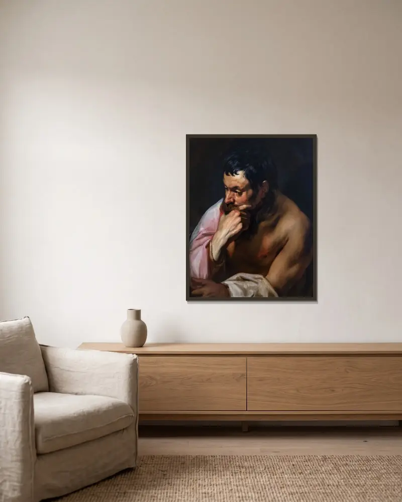 Tänkaren eller Fauna i meditation av Jacob Jordaens inramad på en vägg