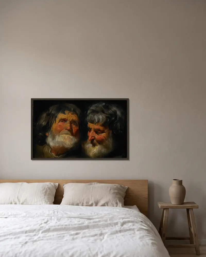 Två studier av en gammal mans huvud av Jacob Jordaens inramad på en vägg