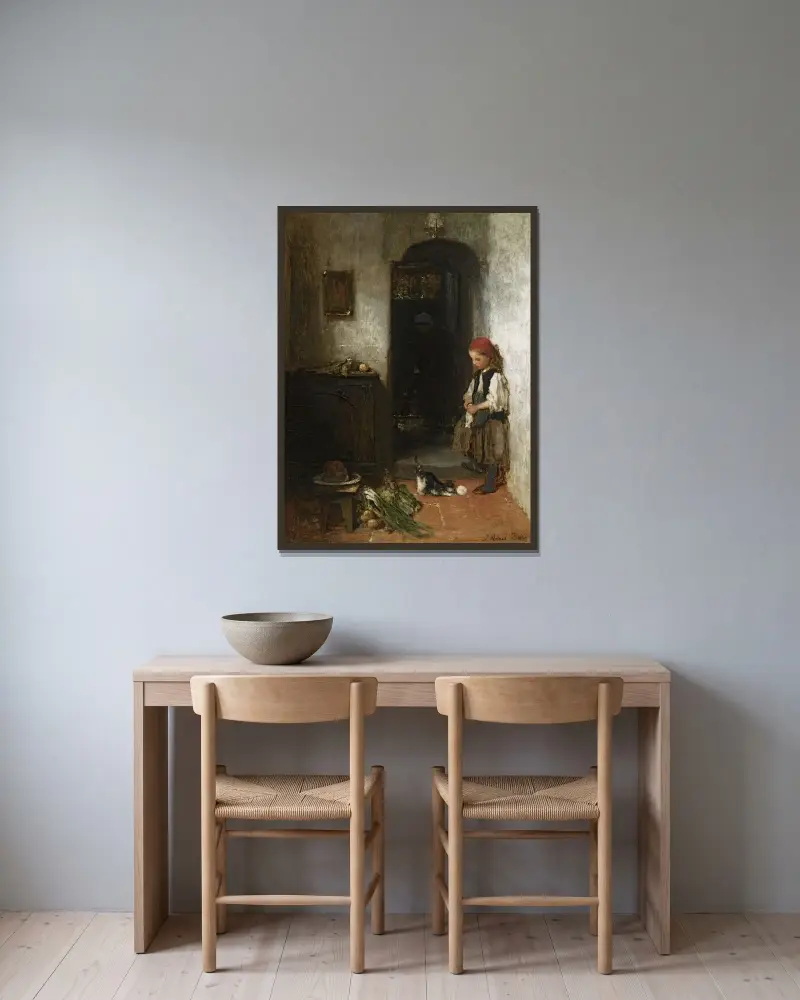 En flicka med en lekande kattunge av Jacob Maris inramad på en vägg