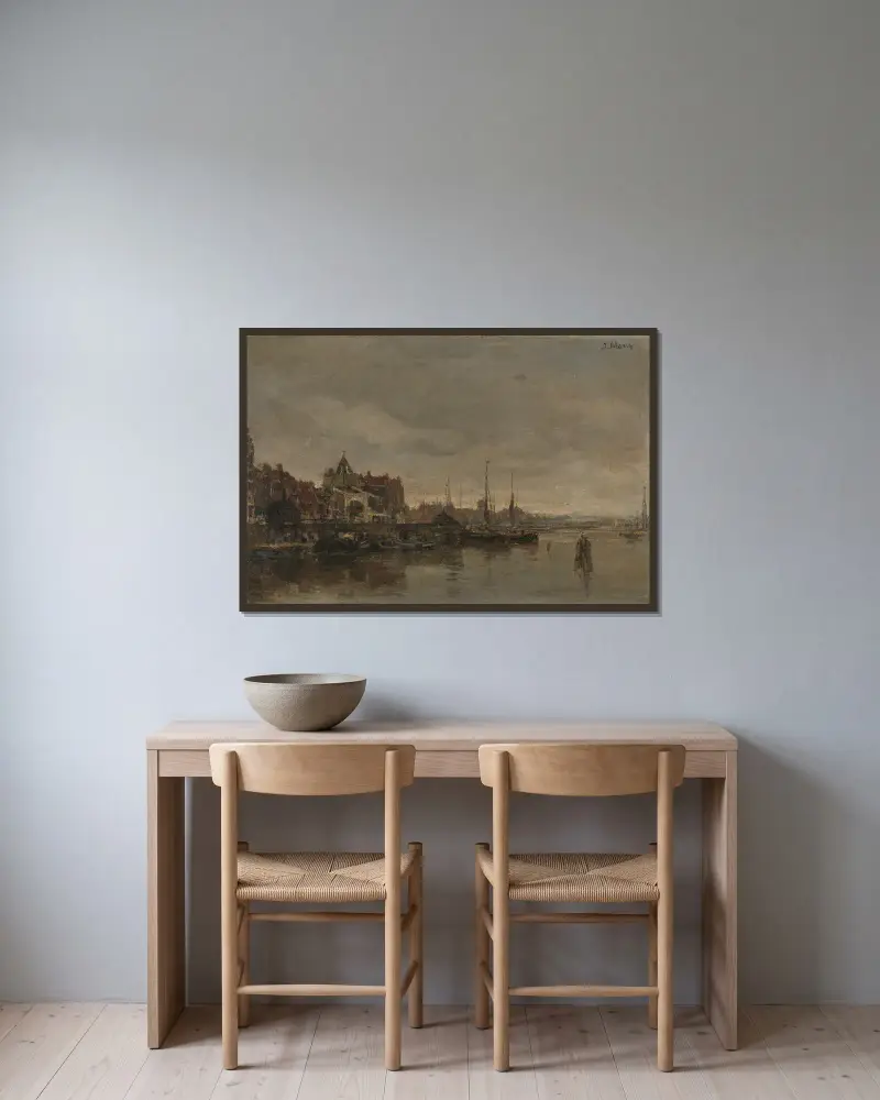 De Schreierstoren met de brug over de Gelderse Kade te Amsterdam av Jacob Maris inramad på en vägg