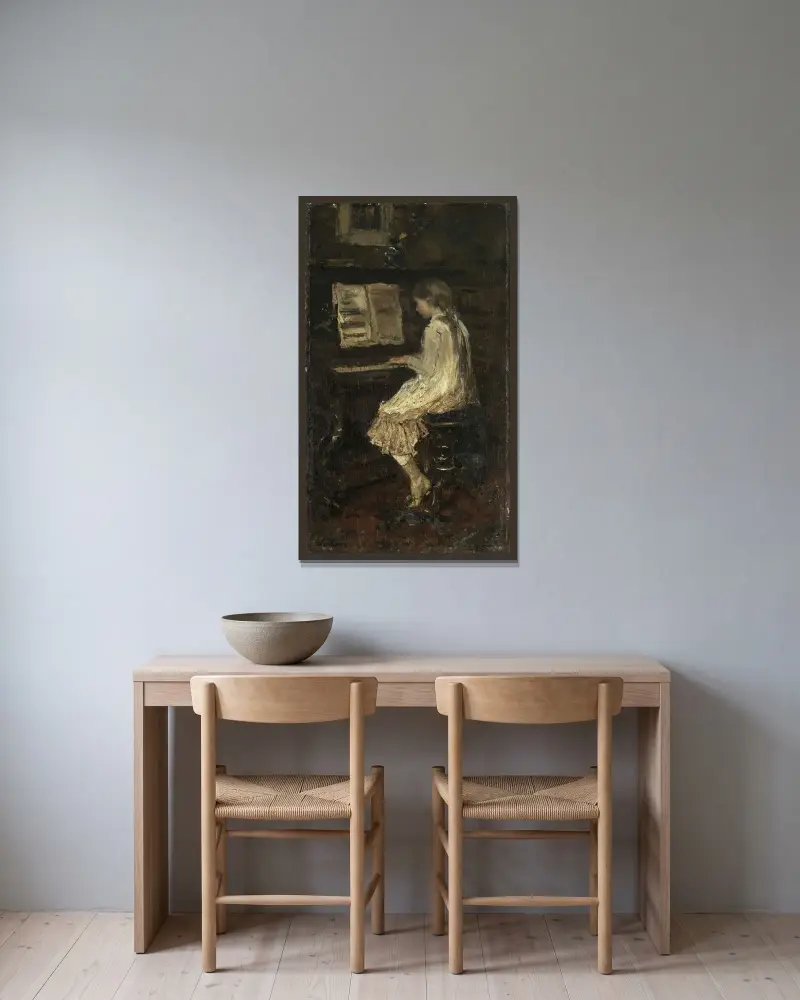Flicka vid pianot av Jacob Maris inramad på en vägg