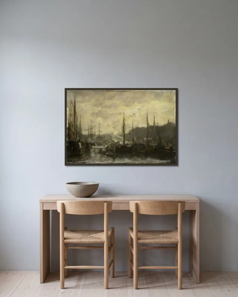 Hamnvy av Jacob Maris inramad på en vägg