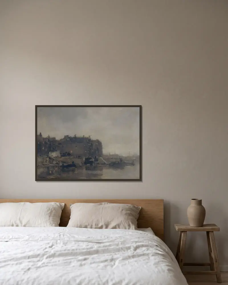 Hus på Prins Hendrikkade, Amsterdam, en dimmig dag av Jacob Maris inramad på en vägg