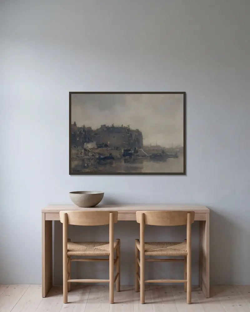 Hus på Prins Hendrikkade, Amsterdam, en dimmig dag av Jacob Maris inramad på en vägg