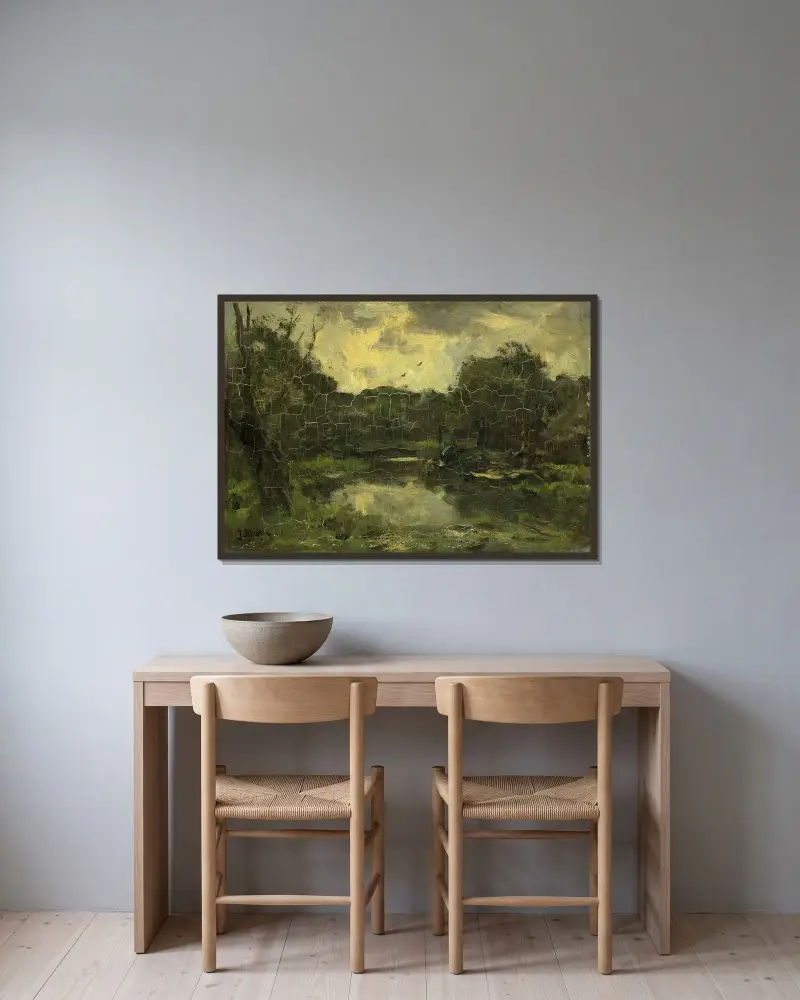 Landskap med pråm av Jacob Maris inramad på en vägg