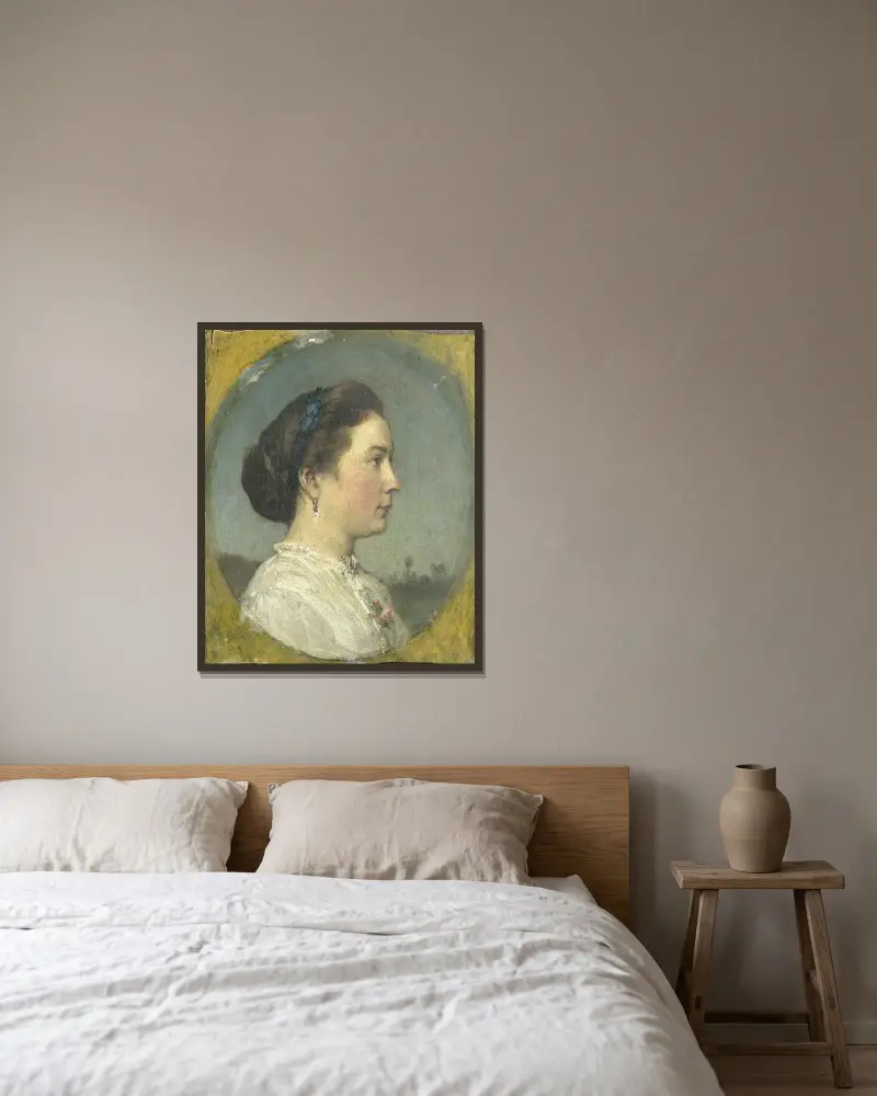 Porträtt av Catharina Hendrika Horn, konstnärens hustru av Jacob Maris inramad på en vägg