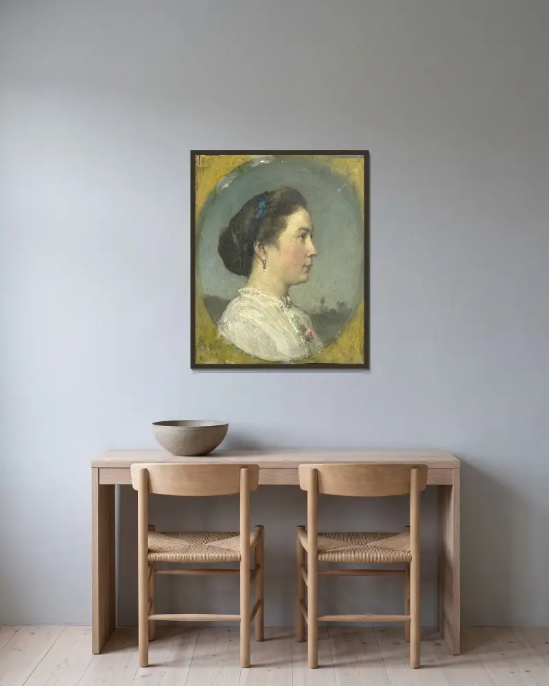Porträtt av Catharina Hendrika Horn, konstnärens hustru av Jacob Maris inramad på en vägg