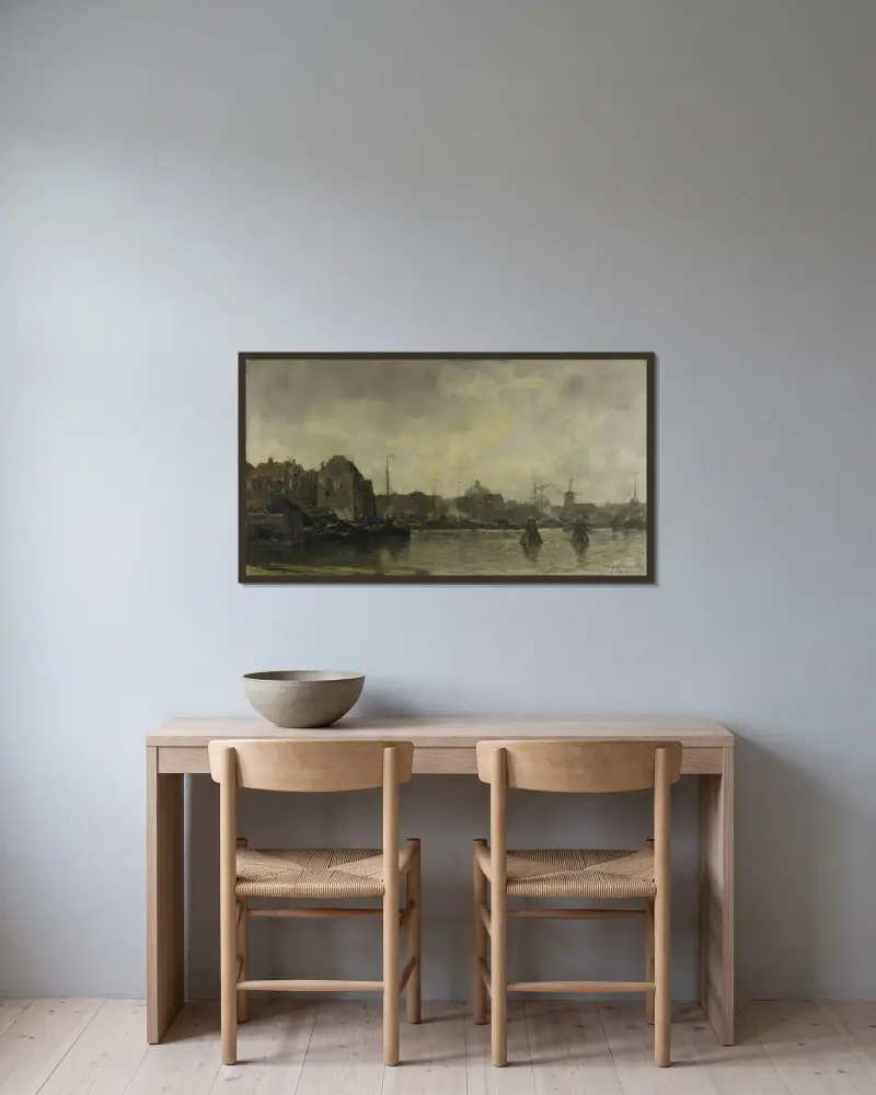 Stadsvy av Jacob Maris inramad på en vägg