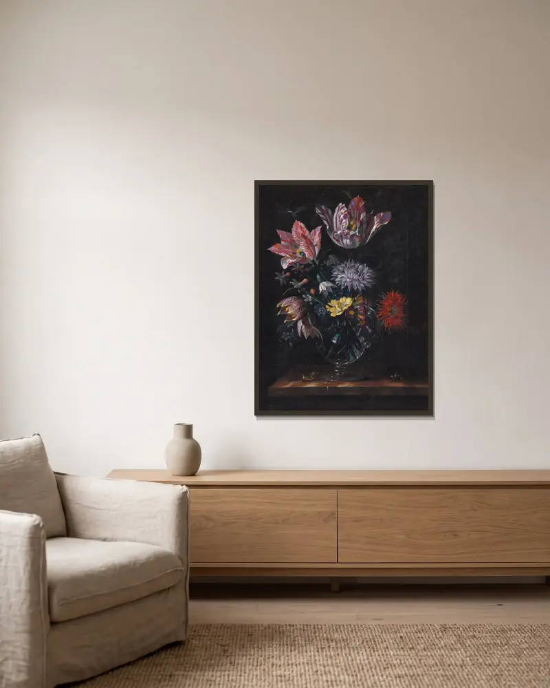 A Glass Vase With Flowers av Jacob Marrel inramad på en vägg
