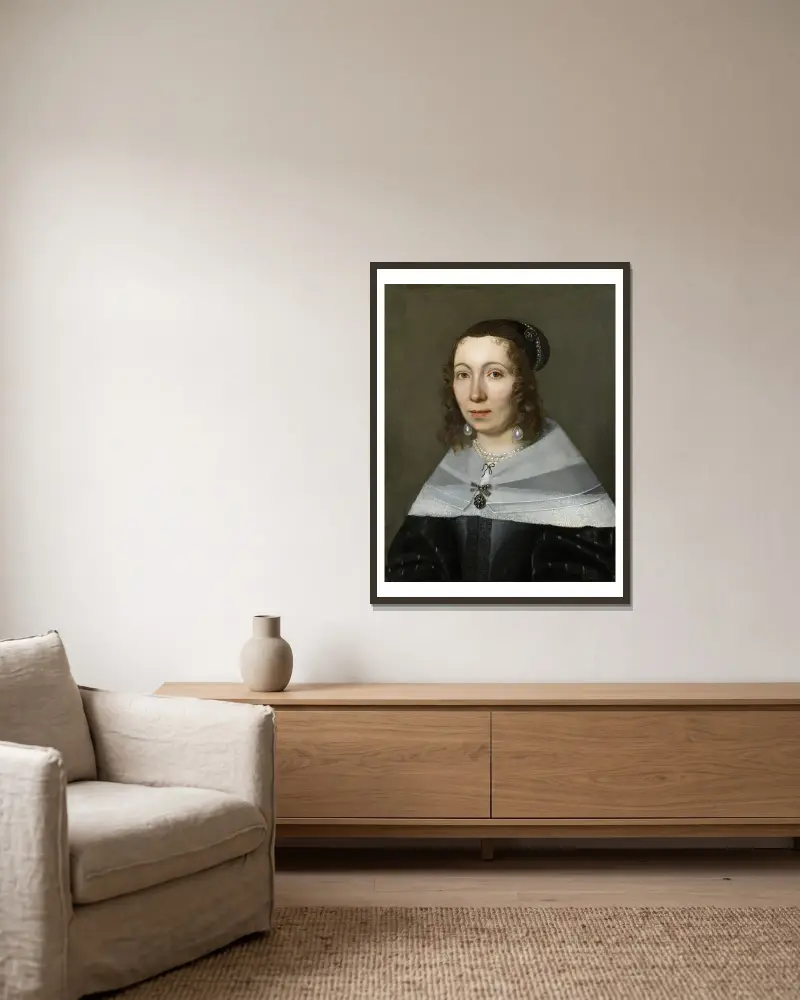 Portrait of Maria Sibylla Merian av Jacob Marrel inramad på en vägg