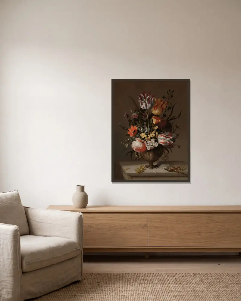 Still Life with a Vase of Flowers and a Dead Frog av Jacob Marrel inramad på en vägg