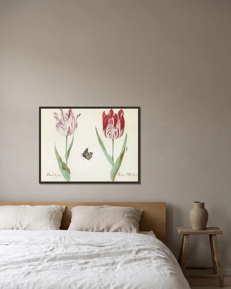 Twee tulpen met atalanta en krekel Bondt Cuy Schrai Wercker av Jacob Marrel inramad på en vägg