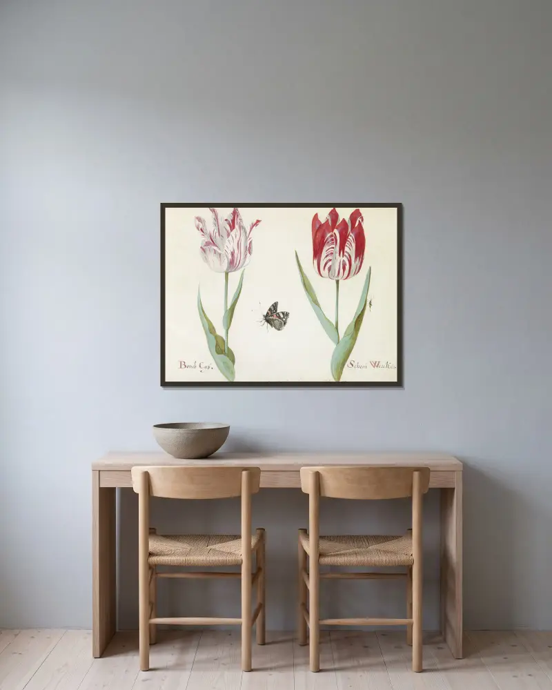 Twee tulpen met atalanta en krekel Bondt Cuy Schrai Wercker av Jacob Marrel inramad på en vägg