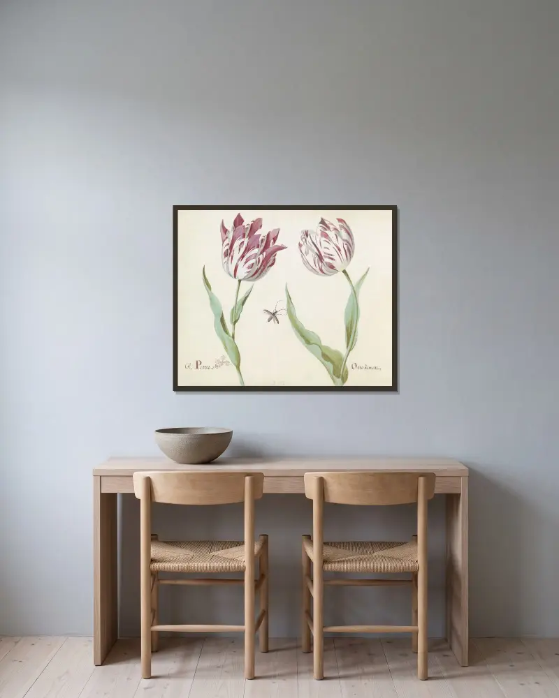 Twee tulpen met insect Gl. Petter Otto de man av Jacob Marrel inramad på en vägg