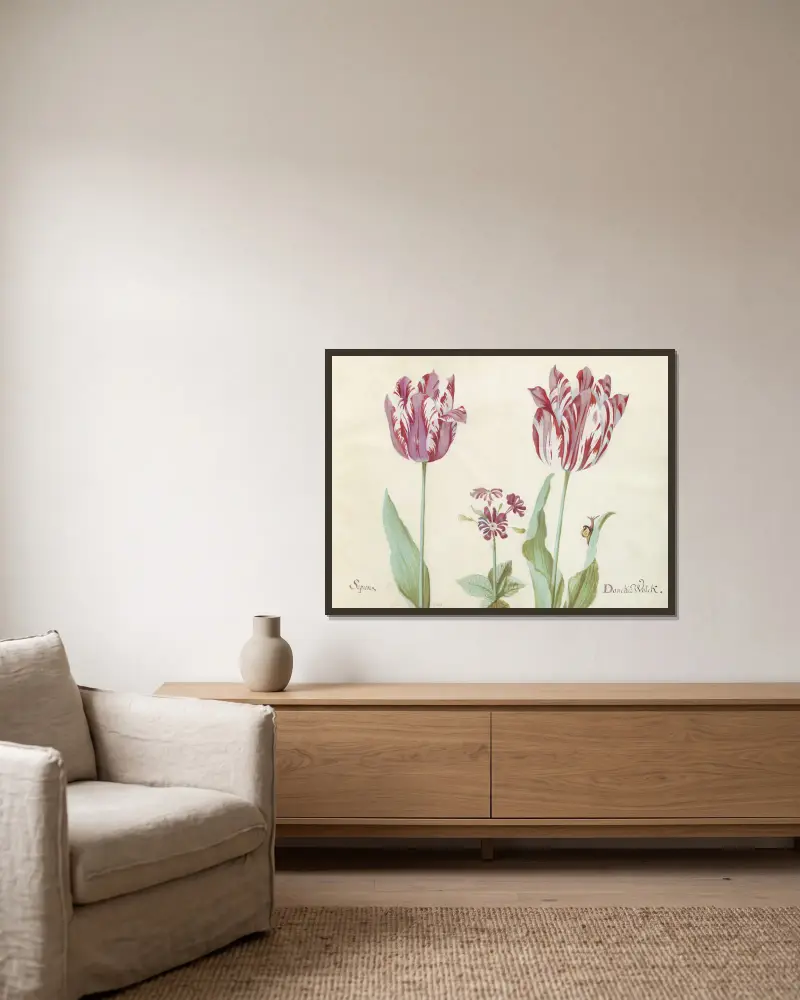 Twee tulpen met primula en slak Sepion Doncker Wolck av Jacob Marrel inramad på en vägg