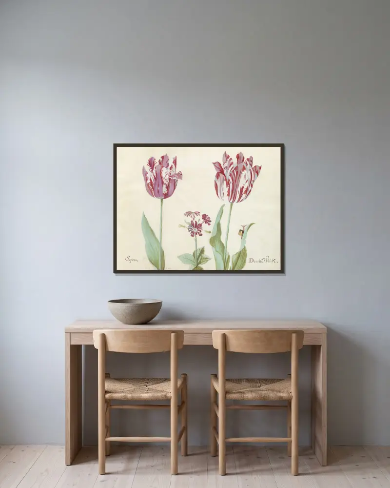 Twee tulpen met primula en slak Sepion Doncker Wolck av Jacob Marrel inramad på en vägg