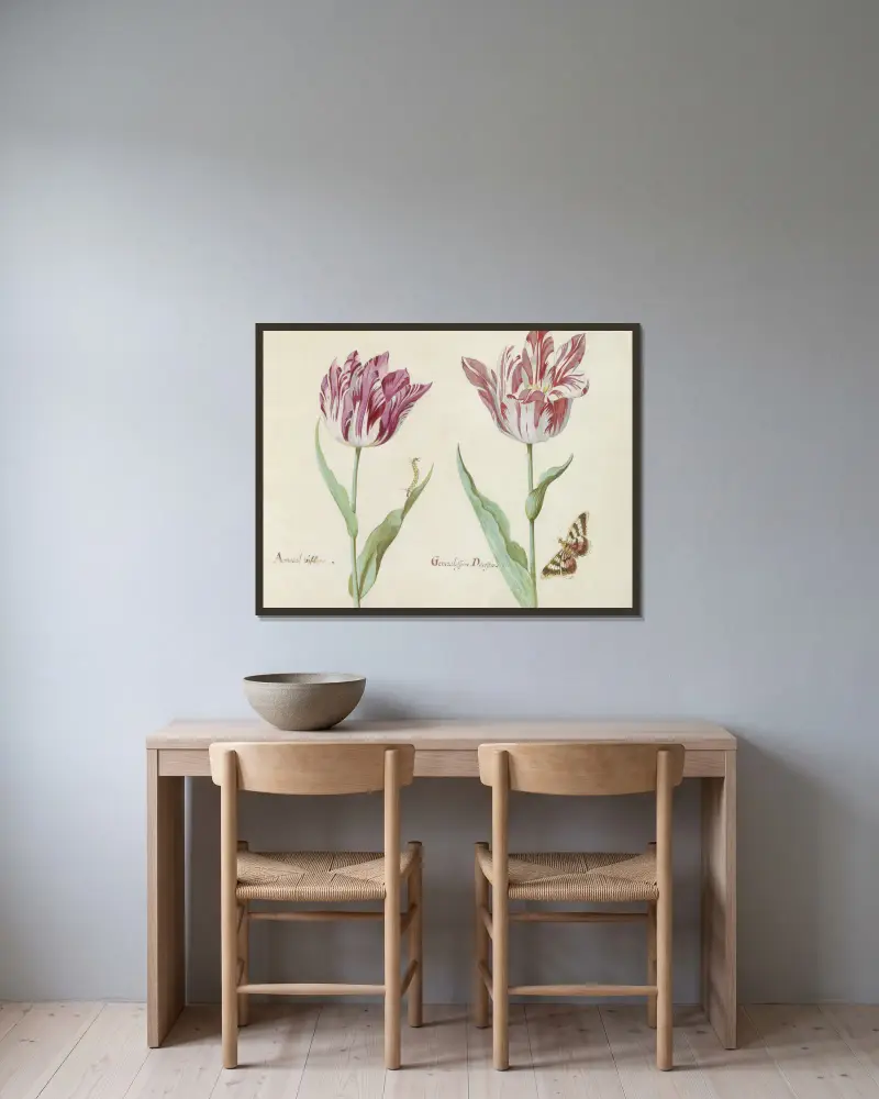 Twee tulpen met rups en vlinder Amaral viflora Generalissimo Dacosta av Jacob Marrel inramad på en vägg