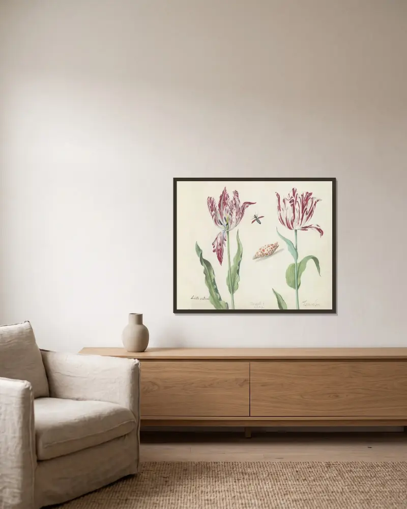Zwei Tulpen mit Schnecke und fliegendem Käfer La bella sultana Tamerlan von Jacob Marrel gerahmt an einer Wand