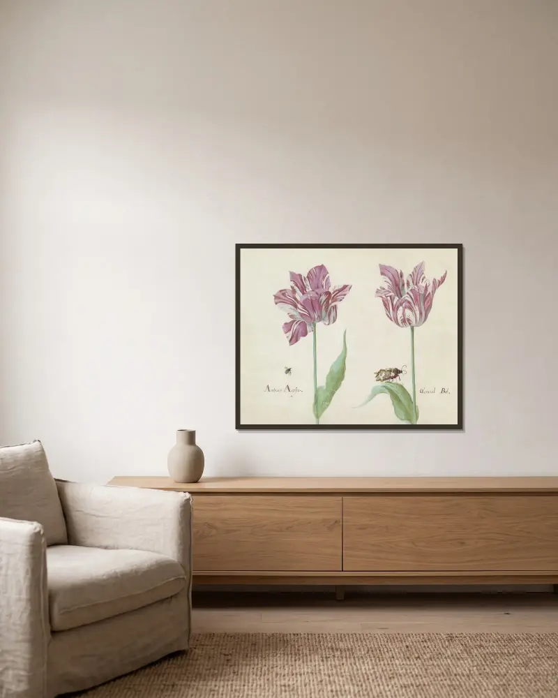 Zwei Tulpen mit fliegendem Käfer und Braunem Bärenspinner Amberez Acosta General Bol von Jacob Marrel gerahmt an einer Wand