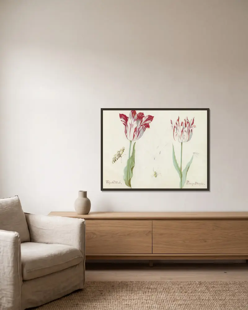 Twee tulpen met vlinder, vlieg en spinnenweb Tulpa voor Windt Princepe Dacosta av Jacob Marrel inramad på en vägg