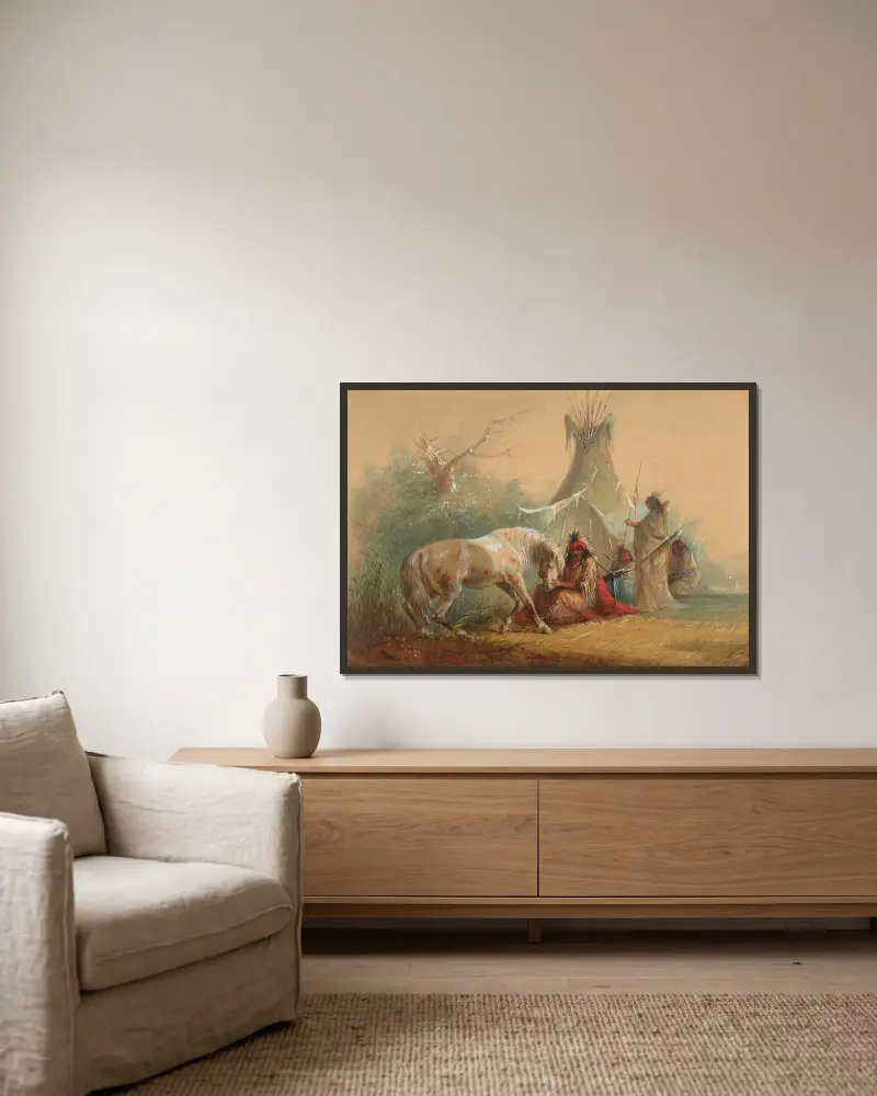 Indian Caressing his Horse av Alfred Jacob Miller inramad på en vägg