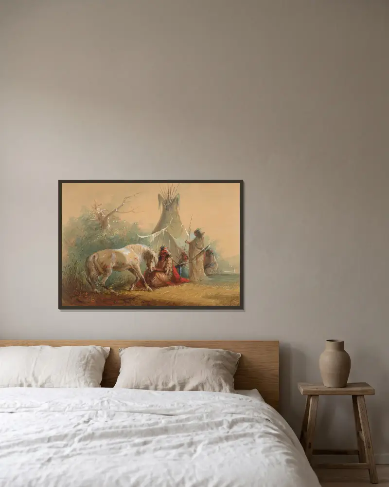 Indian Caressing his Horse av Alfred Jacob Miller inramad på en vägg