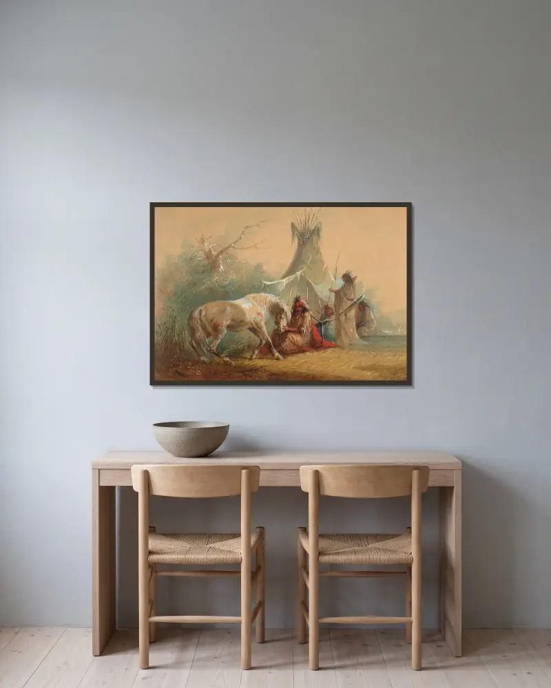 Indian Caressing his Horse av Alfred Jacob Miller inramad på en vägg