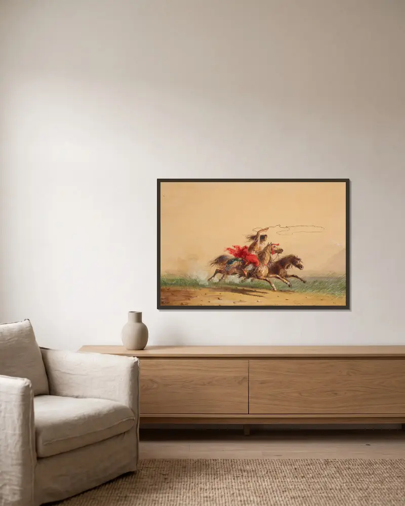 Das Einfangen wilder Pferde von Alfred Jacob Miller gerahmt an einer Wand