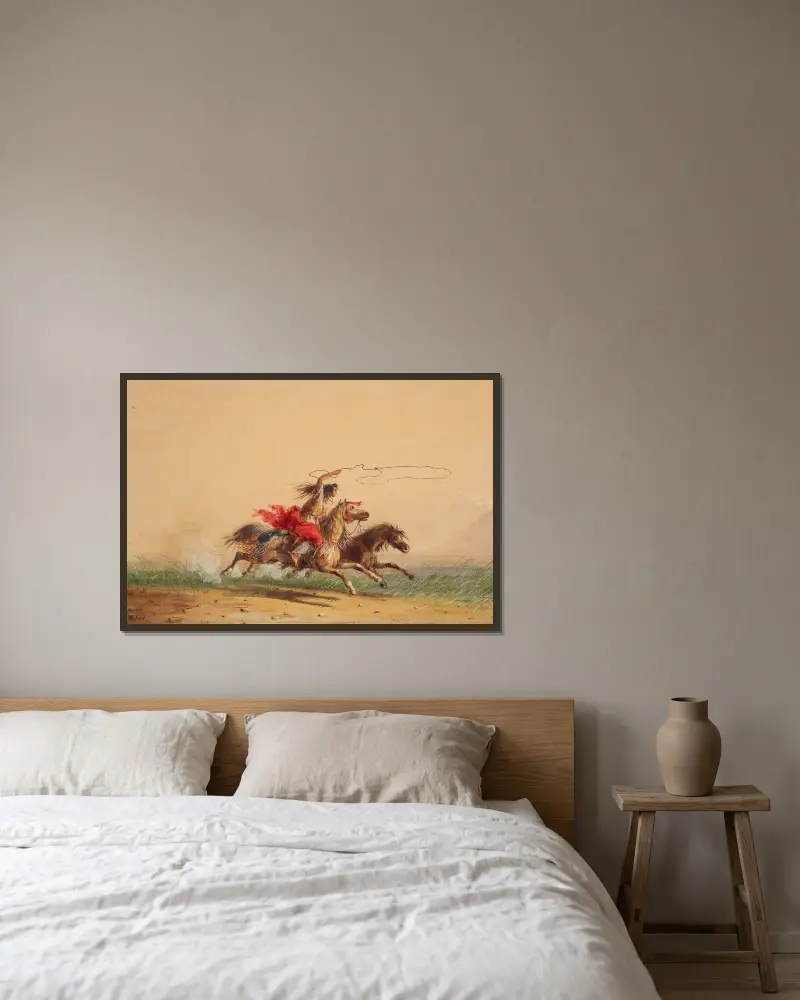 Das Einfangen wilder Pferde von Alfred Jacob Miller gerahmt an einer Wand