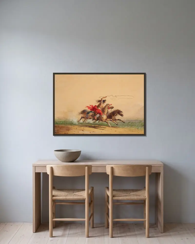 Das Einfangen wilder Pferde von Alfred Jacob Miller gerahmt an einer Wand