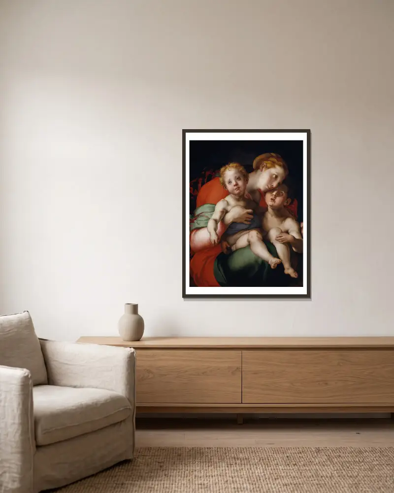Madonna with Child and the young Saint John av Pontormo (Jacopo Carucci) inramad på en vägg
