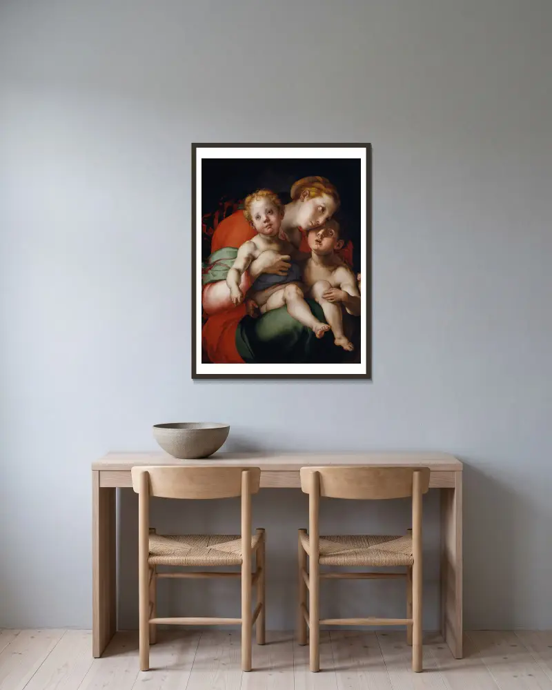 Madonna with Child and the young Saint John av Pontormo (Jacopo Carucci) inramad på en vägg