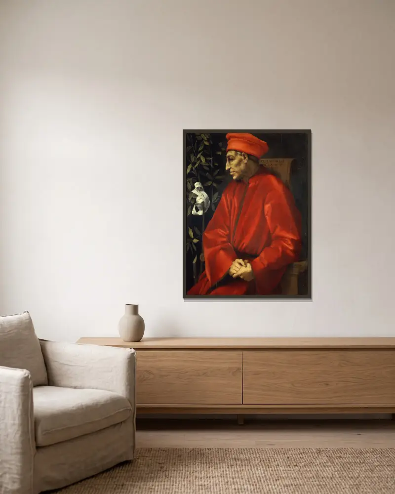 Portrait of Cosimo de’ Medici the Elder av Pontormo (Jacopo Carucci) inramad på en vägg