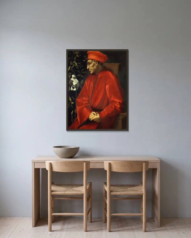 Portrait of Cosimo de’ Medici the Elder av Pontormo (Jacopo Carucci) inramad på en vägg