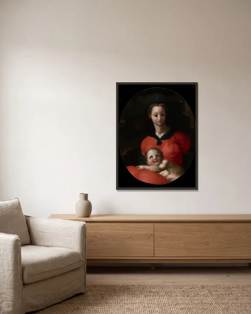 Virgin and Child, known as the Madonna del Libro av Pontormo (Jacopo Carucci) inramad på en vägg