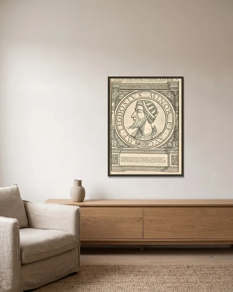 Theodosius II. (der Kalligraph) von Jacopo Strada gerahmt an einer Wand