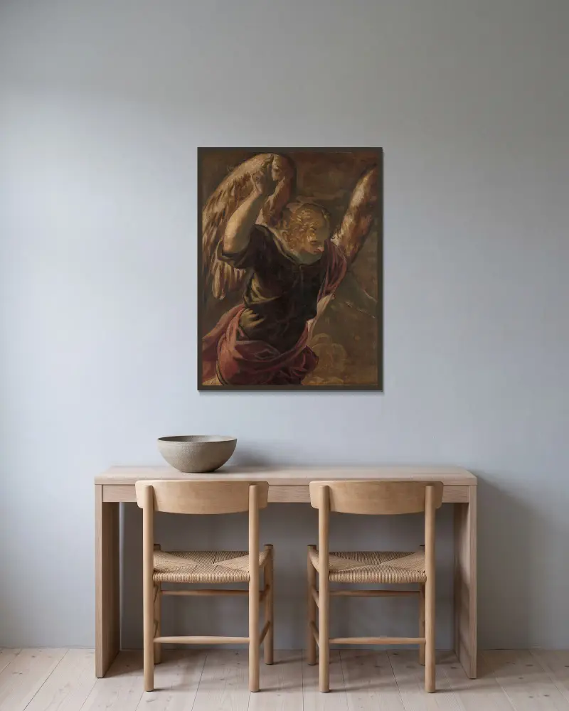 Angel from the Annunciation to the Virgin av Jacopo Tintoretto inramad på en vägg