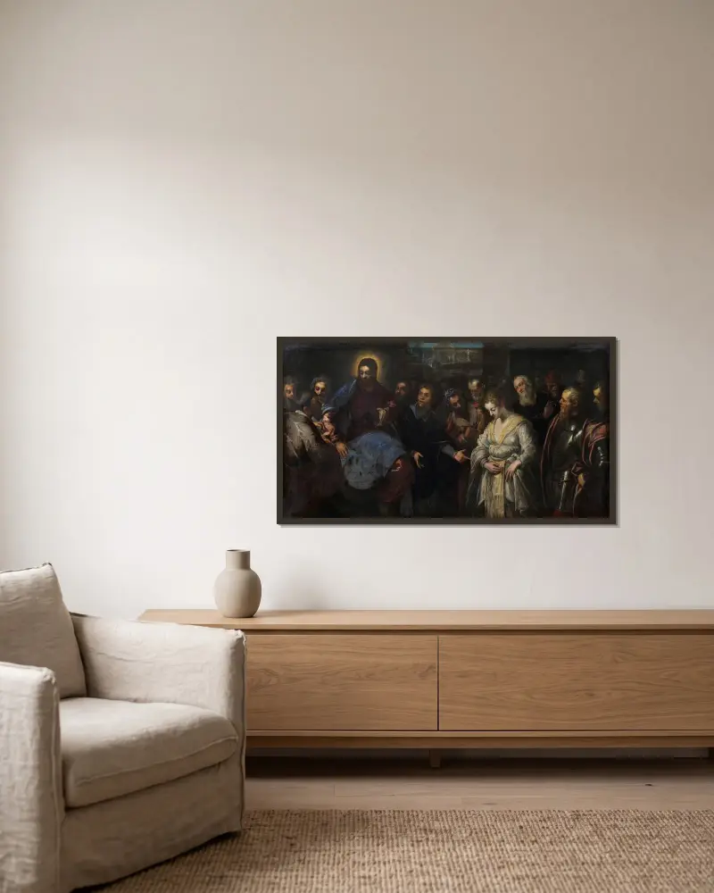 Kristus och äktenskapsbryterskan av Jacopo Tintoretto inramad på en vägg