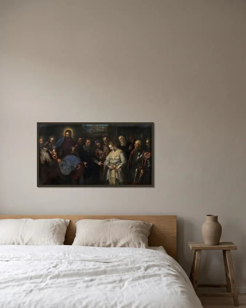 Kristus och äktenskapsbryterskan av Jacopo Tintoretto inramad på en vägg