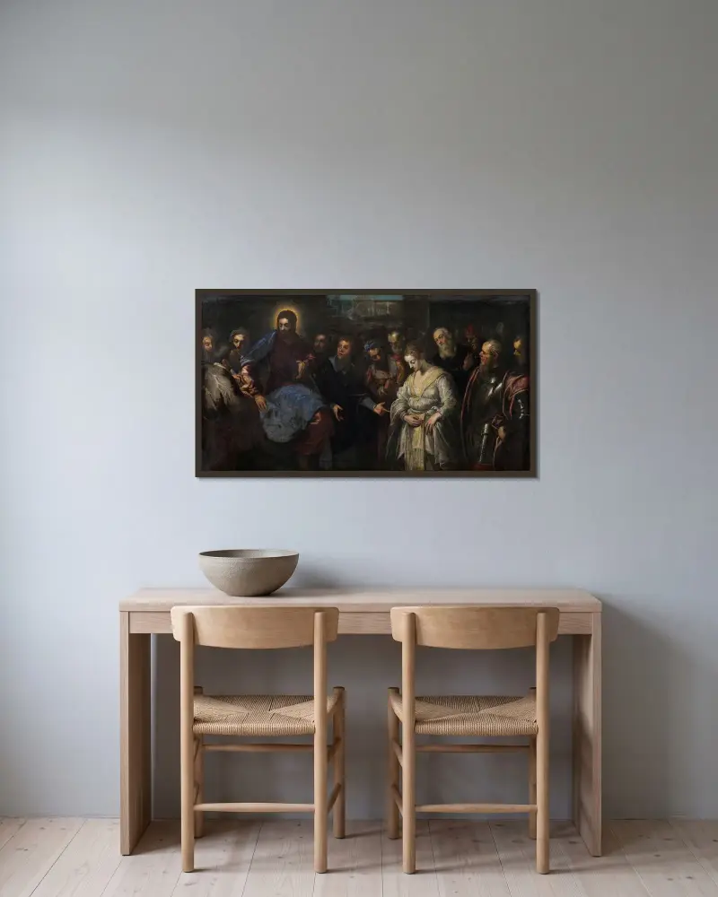 Kristus och äktenskapsbryterskan av Jacopo Tintoretto inramad på en vägg