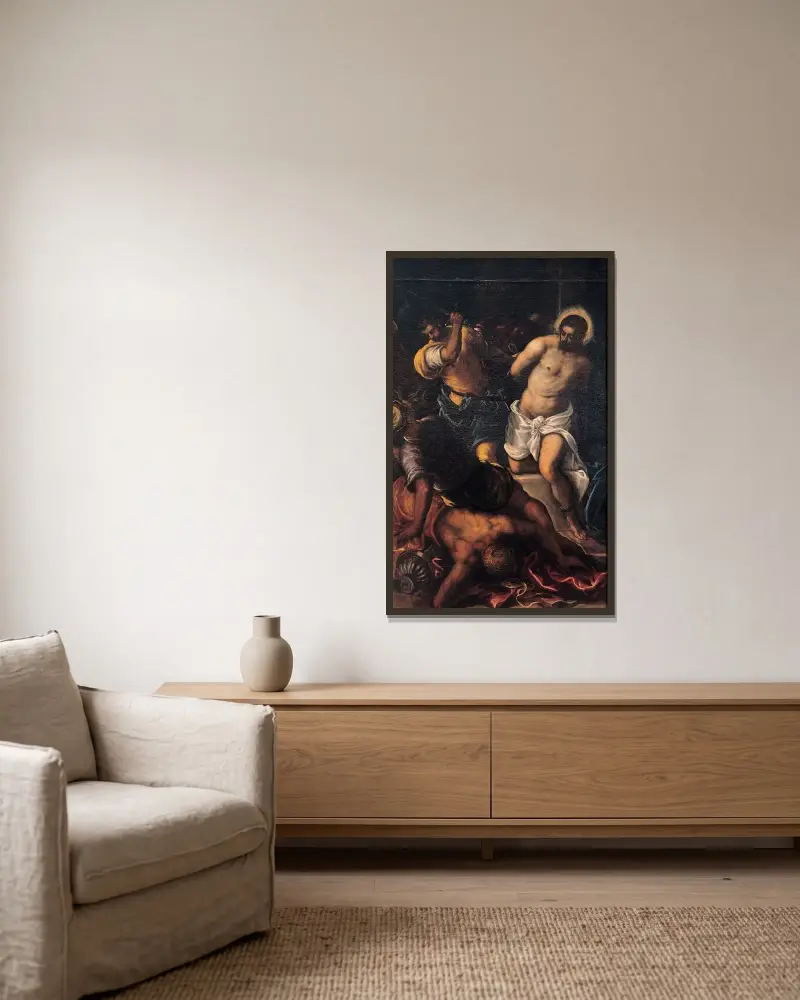 Kröningen med törnekrona av Jacopo Tintoretto inramad på en vägg