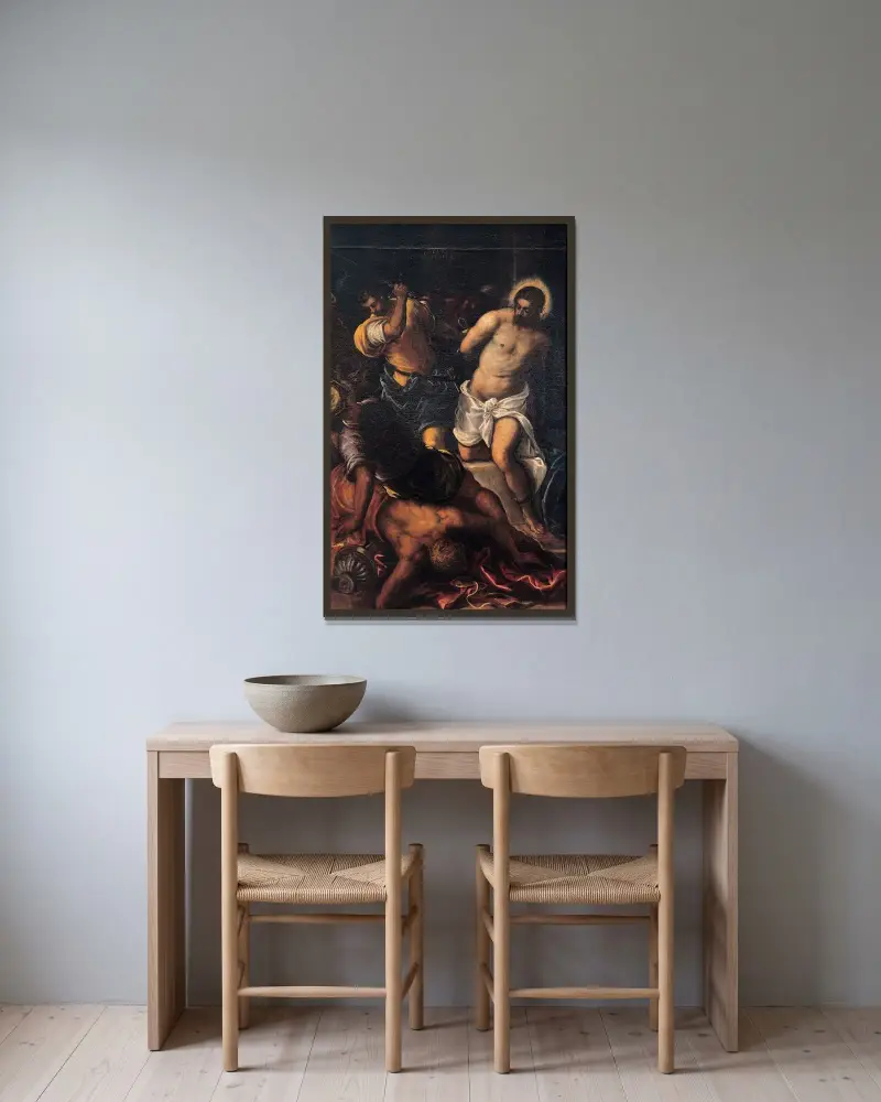 Kröningen med törnekrona av Jacopo Tintoretto inramad på en vägg