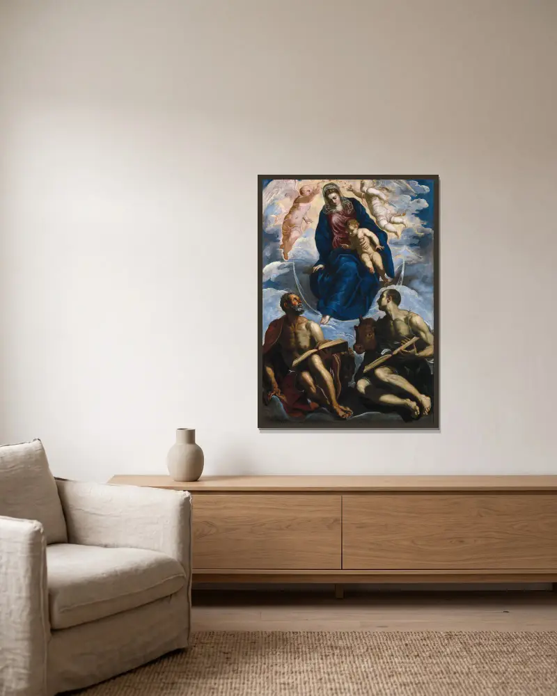 Mary with the Child, Venerated by St. Marc and St. Luke av Jacopo Tintoretto inramad på en vägg