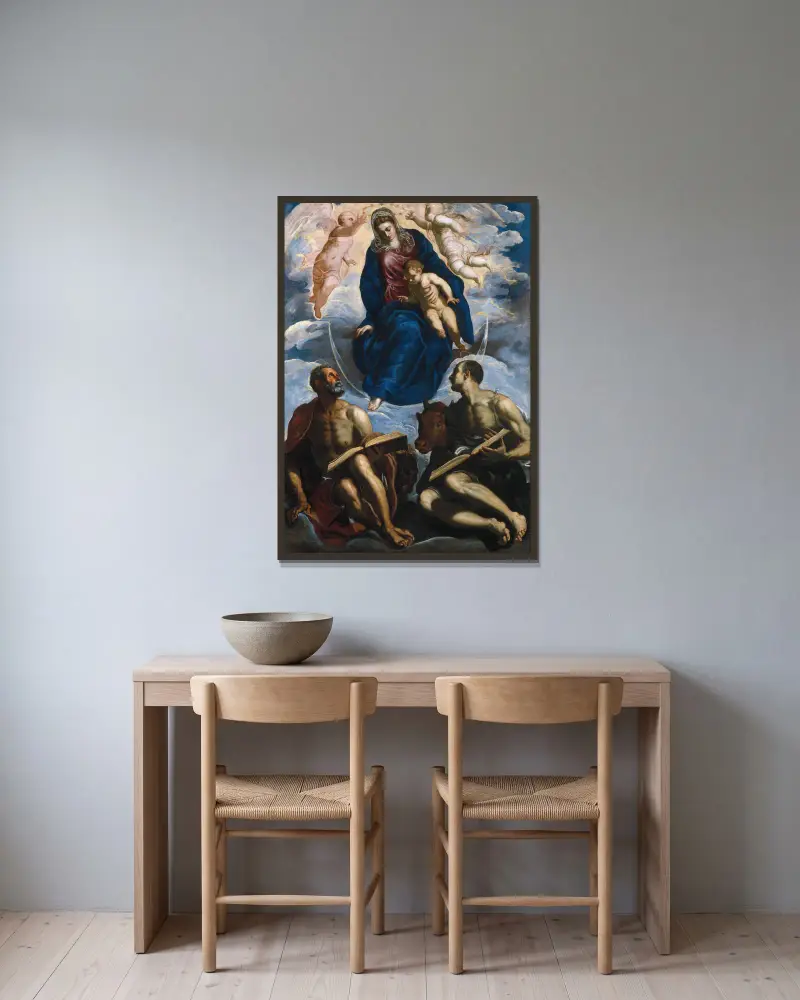 Mary with the Child, Venerated by St. Marc and St. Luke av Jacopo Tintoretto inramad på en vägg