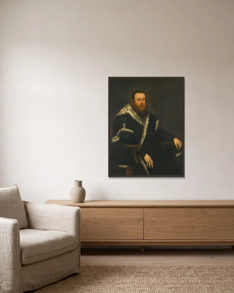 Portrait Of A Bearded Man In A Black Robe With Fur av Jacopo Tintoretto inramad på en vägg