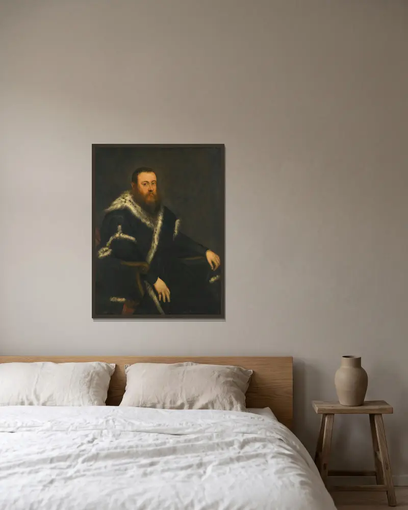 Portrait Of A Bearded Man In A Black Robe With Fur av Jacopo Tintoretto inramad på en vägg