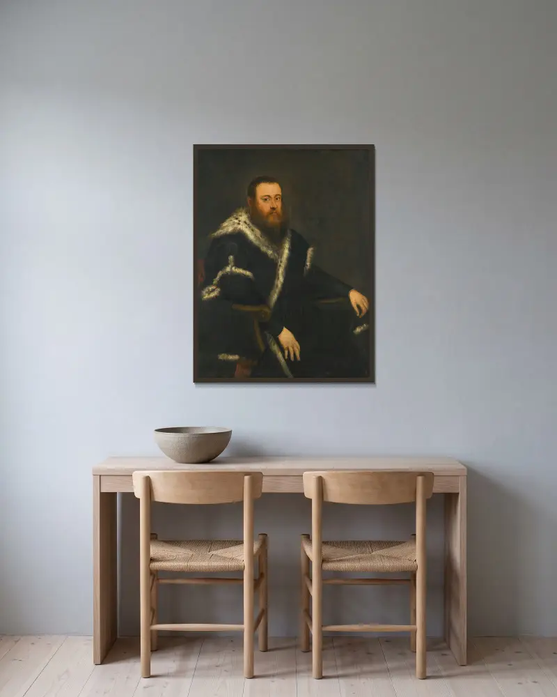 Portrait Of A Bearded Man In A Black Robe With Fur av Jacopo Tintoretto inramad på en vägg