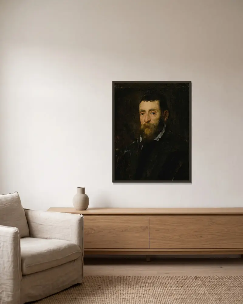 Porträt eines bärtigen Mannes, möglicherweise Prinz Antonio di Santacroce von Rom von Jacopo Tintoretto gerahmt an einer Wand