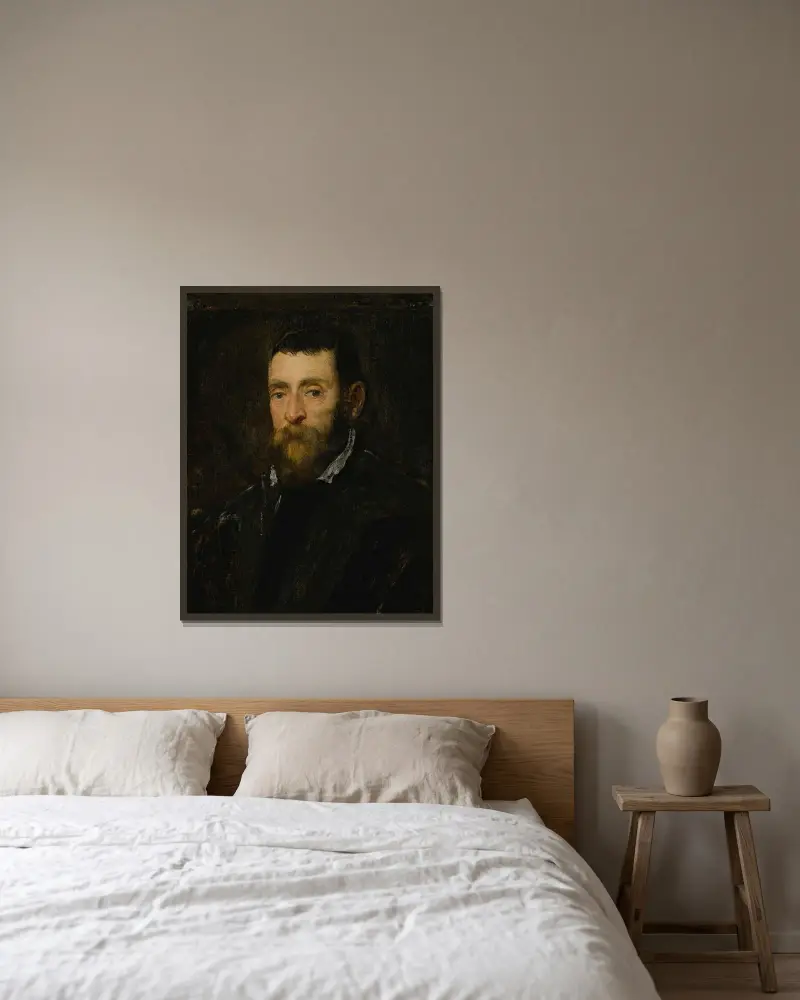 Porträt eines bärtigen Mannes, möglicherweise Prinz Antonio di Santacroce von Rom von Jacopo Tintoretto gerahmt an einer Wand